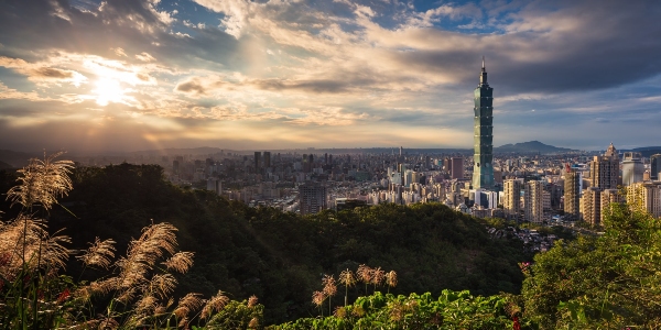 This image shows the Taipei skyline and the sunset.