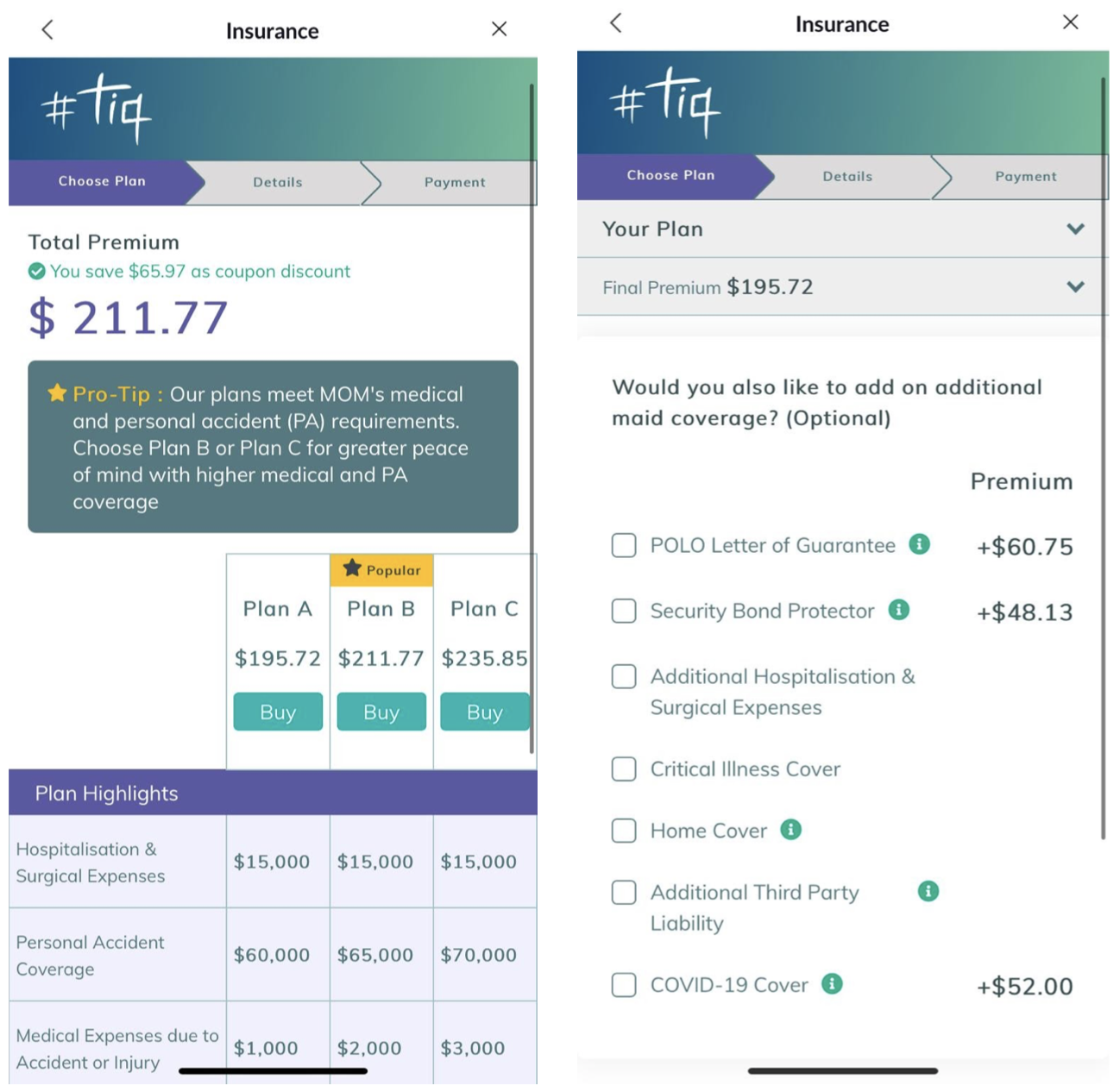 Singtel Dash app Etiqa Tiq insurance plans term life maid motor